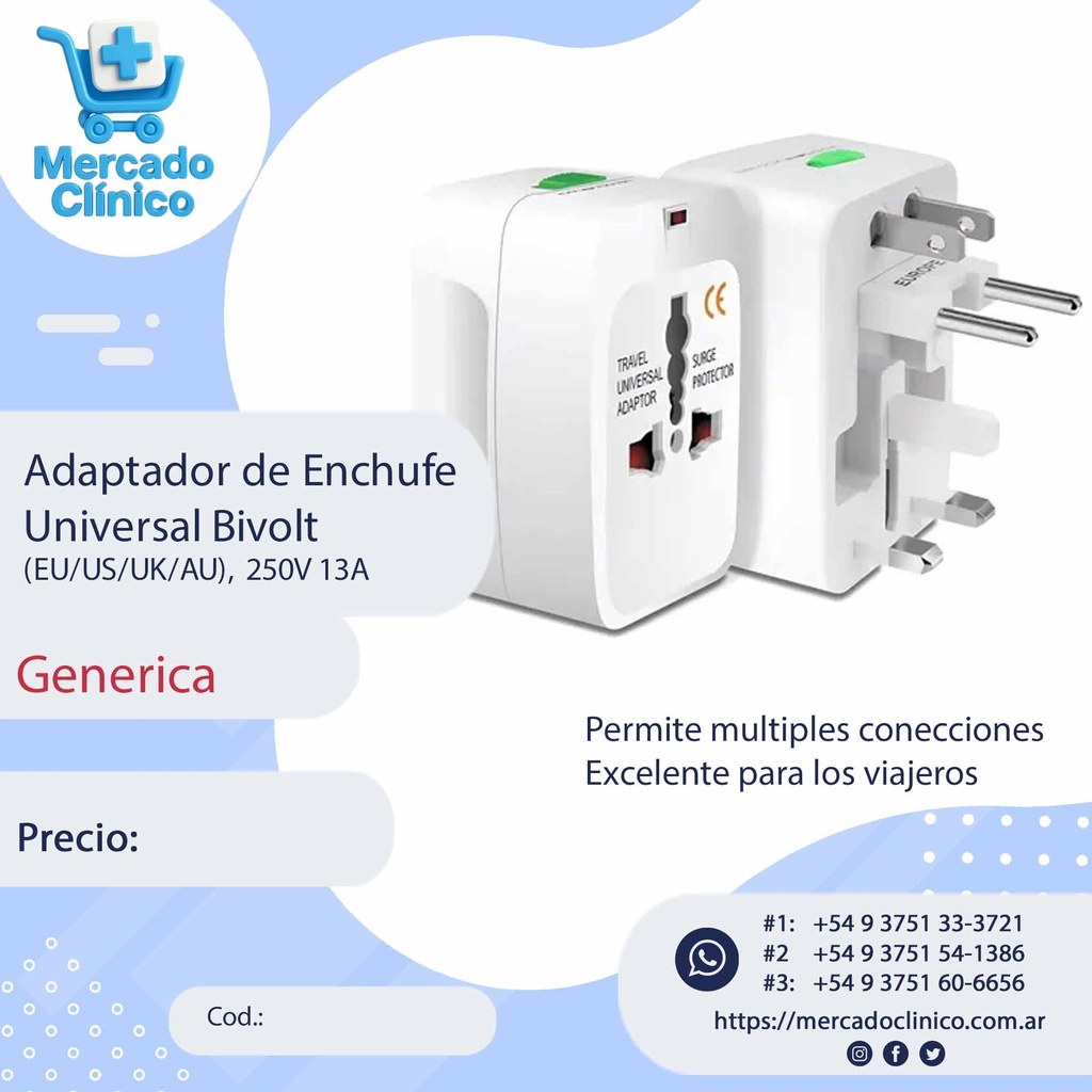 Adaptador de Enchufe Universal (EU/US/UK/AU), 250V 13A